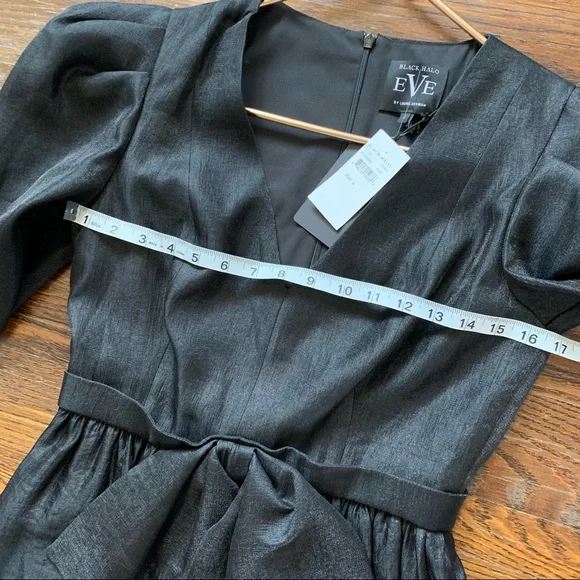 Black Halo Eve Black Puff Sleeve Cocktail Dress Bow Detail 80s Vintage Inspired - Picture 12 of 14